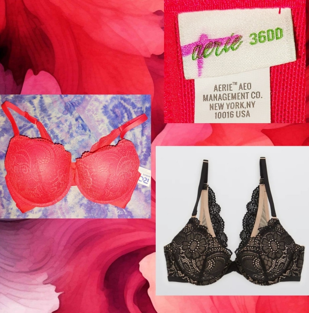 Aerie brand Red Real Power Plunge Push Up Slumber Party Lace Bra Sz 36DD